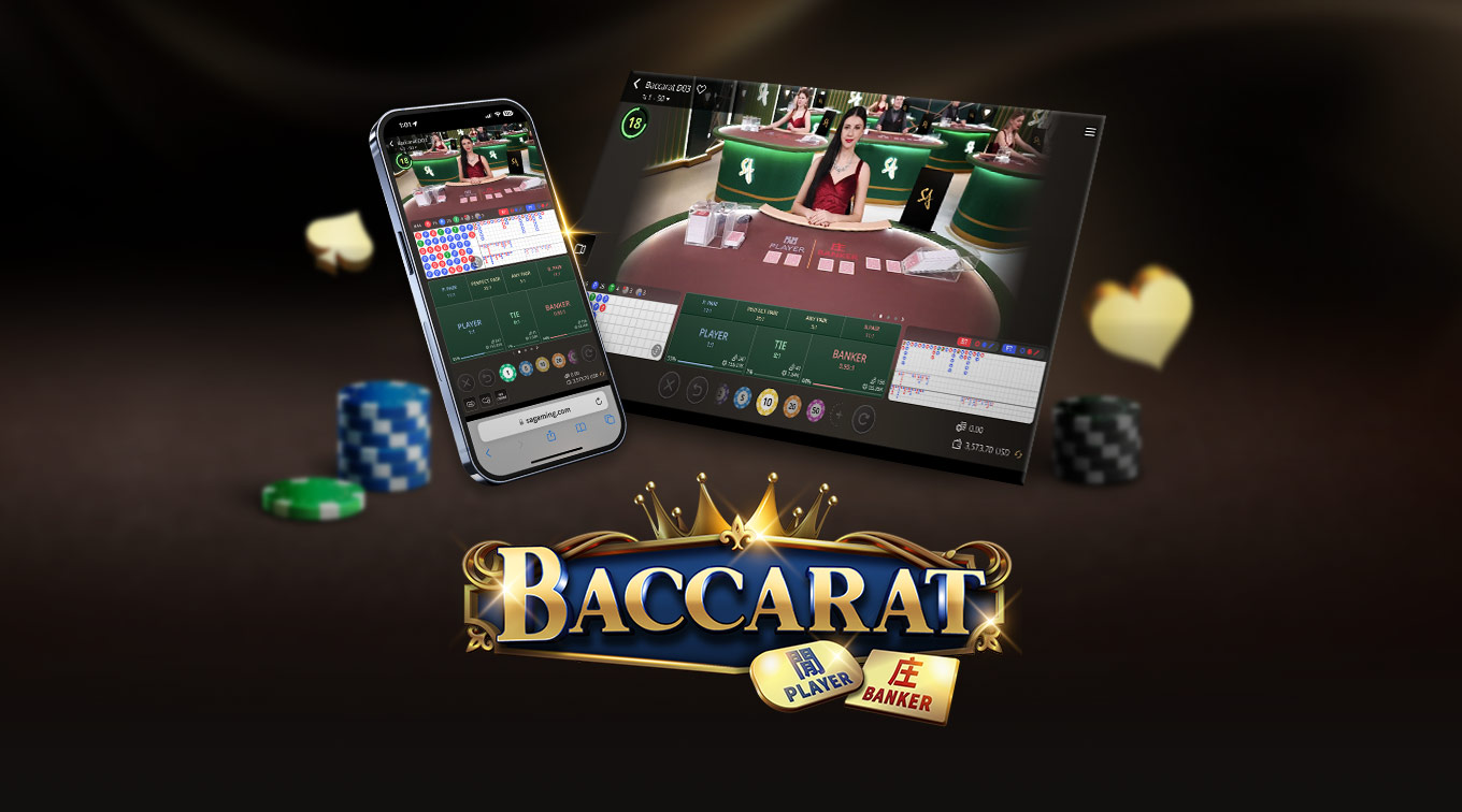 Visual showcasing an online Baccarat game interface, featuring a dealer and gaming tables, with a smartphone displaying the game. The word 'BACCARAT' is prominently featured at the bottom, along with 'PLAYER' and 'BANKER' labels.