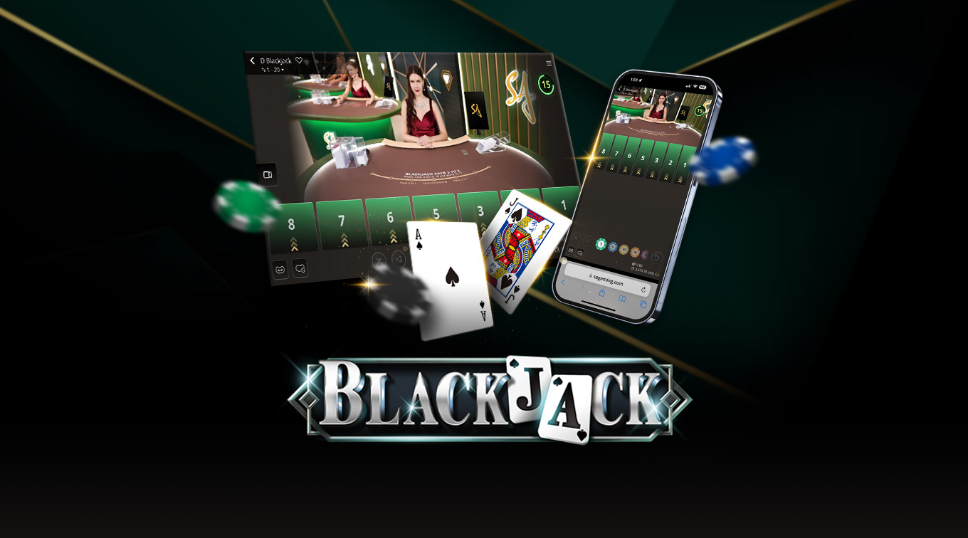 Image for an online Blackjack game featuring a dealer at a casino table on the left and a mobile interface on the right. The text 'BLACKJACK' is prominently displayed at the bottom, with playing cards and poker chips floating around.