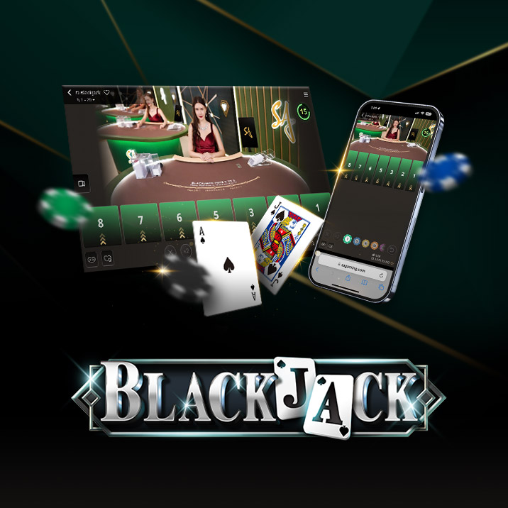 Image for an online Blackjack game featuring a dealer at a casino table on the left and a mobile interface on the right. The text 'BLACKJACK' is prominently displayed at the bottom, with playing cards and poker chips floating around.