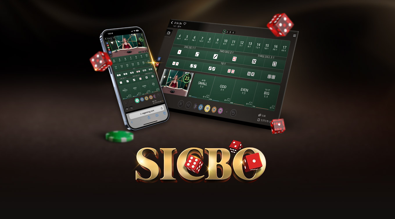 Image for an online Sic Bo game featuring a mobile interface on the left and a tablet interface on the right. The text 'SIC BO' is prominently displayed at the bottom, with colorful dice and betting options floating around.