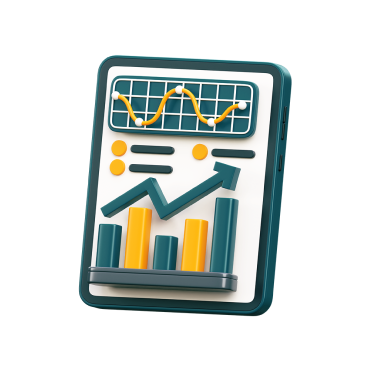 3D illustration of a data report featuring a line graph with a yellow line, bar graph in teal and orange, and various data indicators.